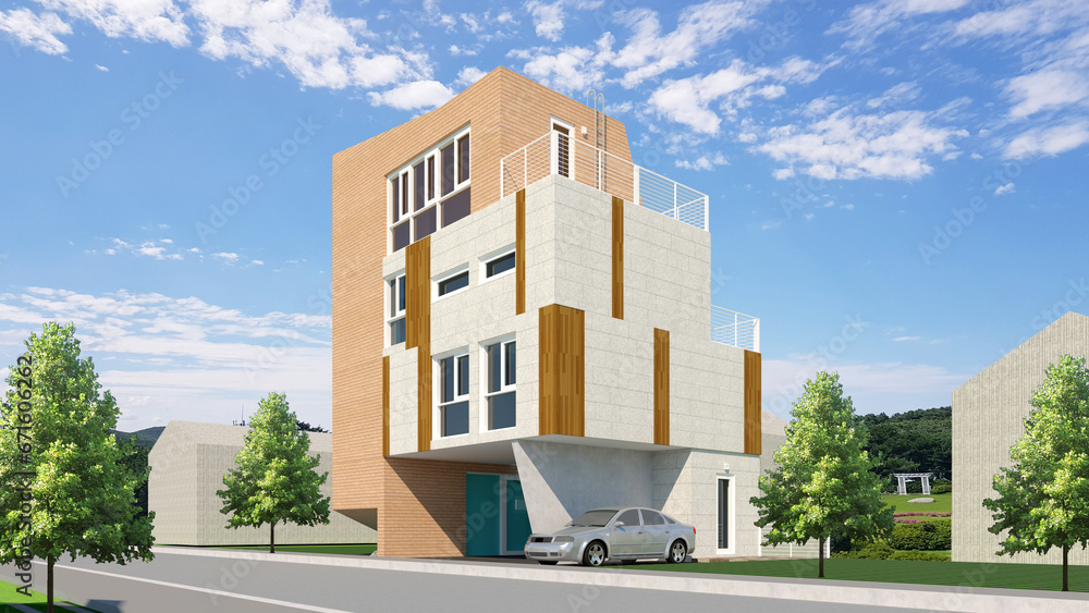 modern house in the city, rendering of a modern multi-story house, brick house with blue sky