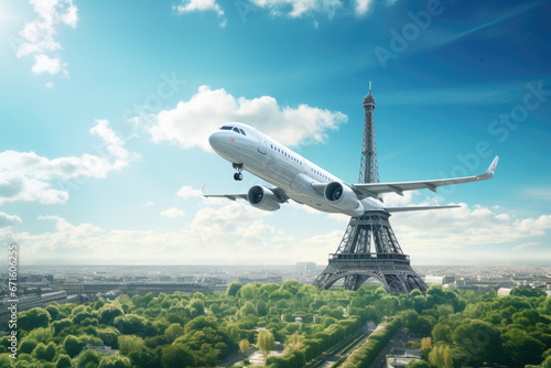 Airbus A321 on a sunny day over Eiffel Tower