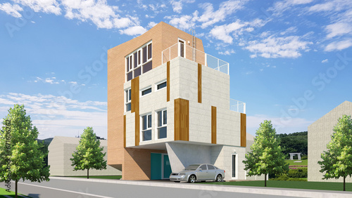 modern house in the city, rendering of a modern multi-story house, brick house with blue sky © Daniel