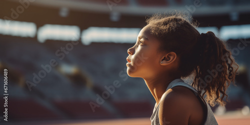 side view of little poc girl watching sport in stadium wearing yellow, looking in awe  photo