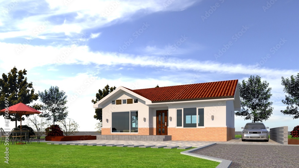 house on the hill, rendering of a modern house with blue sky