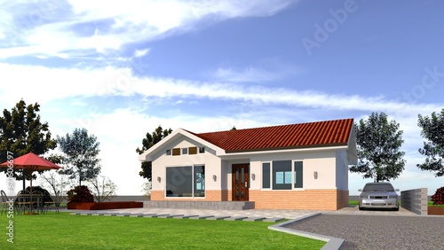 house on the hill, rendering of a modern house with blue sky © Daniel
