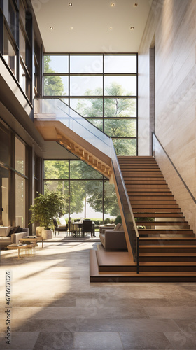 Design a modern mansion staircase with a warm minimalism approach, featuring a sleek travertine and wood combination, leading up to double-story windows that flood the space with natural light. 