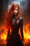 woman girl witch demoness sorceress on background of fire in the forest. Cover for a horror novel book
