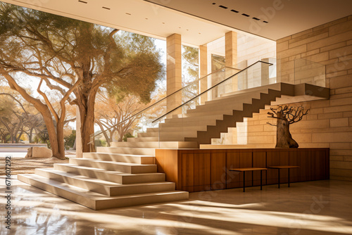 Imagine a modern mansion's centerpiece staircase, featuring a minimalist travertine structure and wooden handrails, with double-story windows framing the architectural beauty. photo