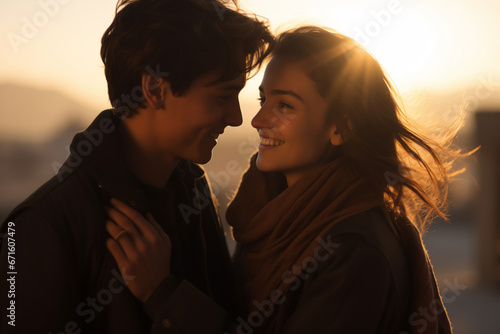 Portrait of a beautiful young smiling couple in the sunset light in the city.