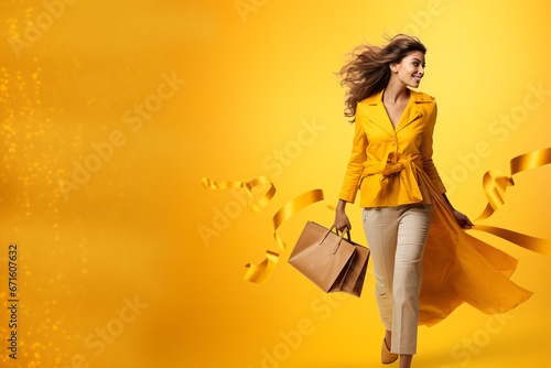 Beautiful Young Woman with Shopping Bags, Isolated on a Yellow Banner Background for Promotional and Advertising Use.