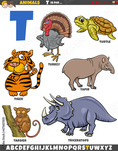 cartoon animal characters for letter T educational set