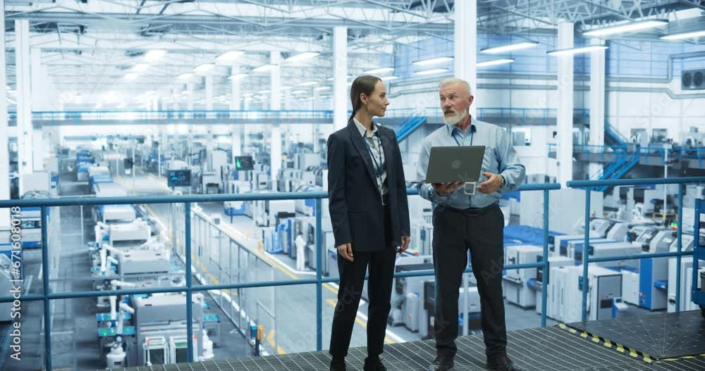 Male Engineer and Female Project Manager Standing on a Platform, Talking, Using Laptop Computer and Monitoring Production at a Modern Automated Electronics Manufacture with AI Robotic Arms Male Engineer and Female Project Manager Standing on a Platform, Talking, Using Laptop Computer and Monitoring Production at a Modern Automated Electronics Manufacture with AI Robotic Arms