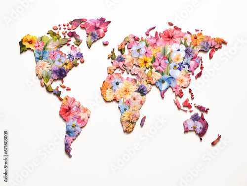 Clipart of a world map adorned with flowers on white background