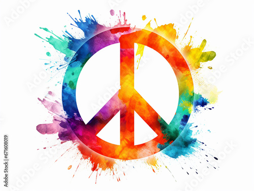 Watercolor illustration of peace symbol colored with splashes on white background photo