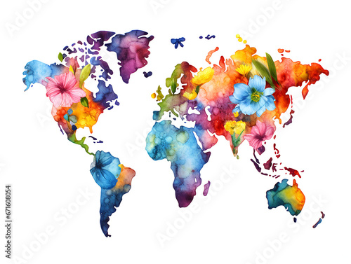 Clipart of a world map adorned with  watercolor flowers on white background