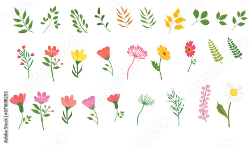 Spring flowers and leaves vector set. Floral collection. Flowers and plants clip art. Flat vector in cartoon style isolated on white background.
