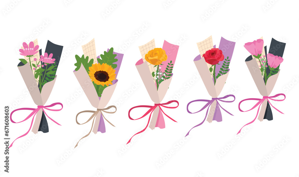 Bouquet of flower. Wild flower bouquet vector illustration. Summer flower. Floral bouquet wrapped in gift paper. Gift for special day, celebration day like birthday, teacher day, women day.
