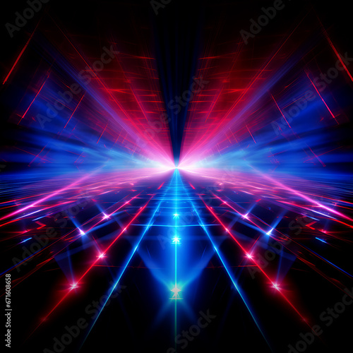 Red and blue neon laser lights flash and glow, abstract background