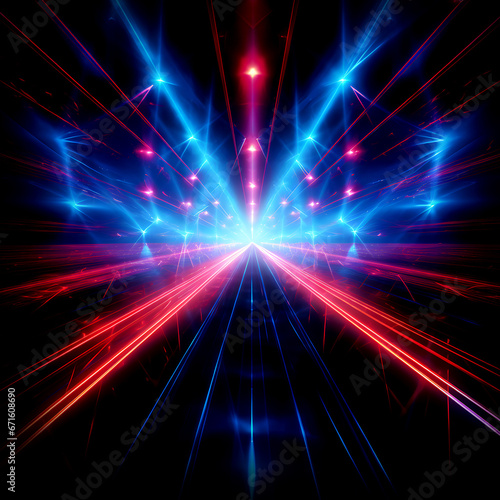 Red and blue neon laser lights flash and glow, abstract background