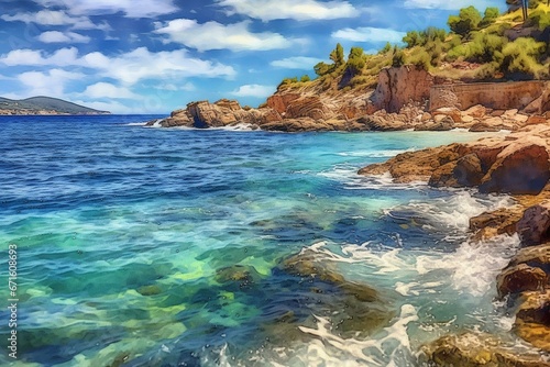 Scenic shoreline and ocean at Cala Tarida, Ibiza, Spain. Generative AI photo