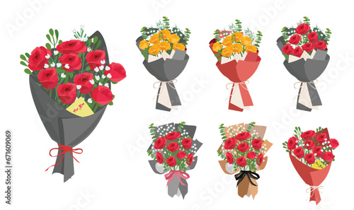 Bouquet of rose. Rose bouquet vector illustration. Love flower. Floral bouquet wrapped in gift paper. Gift for special day, like birthday, valentine day, women's day, mother'day