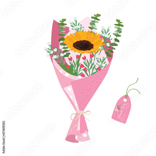 Bouquet of sunflower. Sunflower bouquet vector illustration. Summer flower. Floral bouquet wrapped in gift paper. Gift for special day, celebration day like birthday, teacher day, women day. © tranle1990