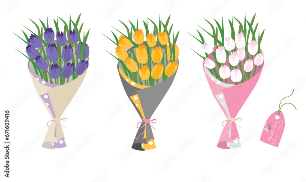 Bouquet of tulip flowers. Tulip flower bouquet vector illustration. Spring flower. Floral bouquet wrapped in gift paper. Gift for special day, celebration day like birthday, teacher day, women day. Bouquet of tulip flowers. Tulip flower bouquet vector illustration. Spring flower. Floral bouquet wrapped in gift paper. Gift for special day, celebration day like birthday, teacher day, women day.