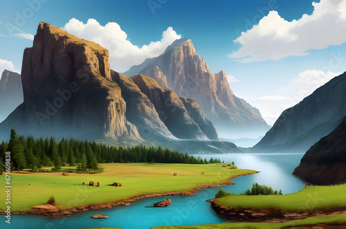 River or lake and mountain hill background, Mountain river valley landscape panorama HD 4k walpaper