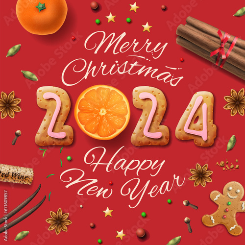 Merry Christmas 2024, design with gingerbread cookies, spices, cinnamon, anise, vanilla, oranges