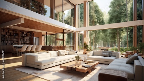 modern villa with cream color and brown wood, modern interior design with large windows, copy space, 16:9 © Christian