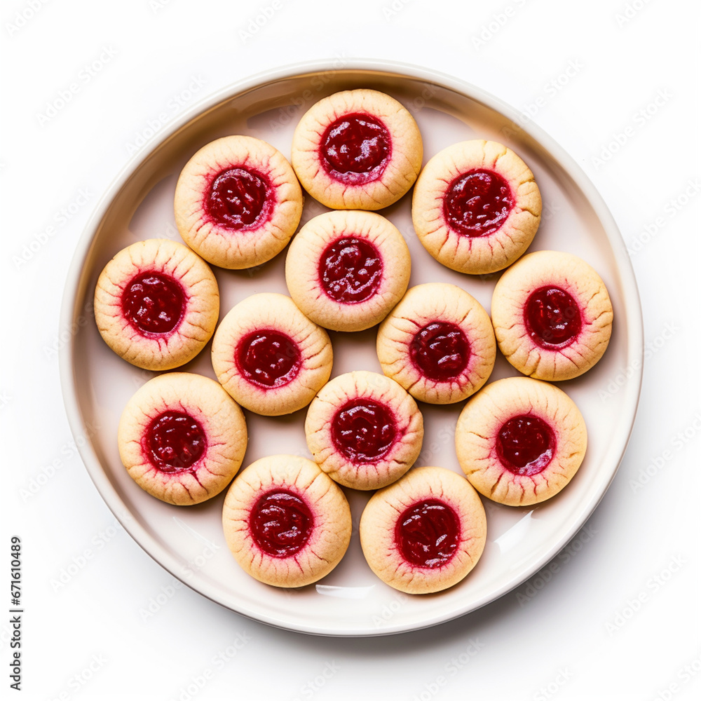 Thumbprint cookies filled with raspberry jam on a plate top view on isolated white background - ai generative Thumbprint cookies filled with raspberry jam on a plate top view on isolated white background - ai generative