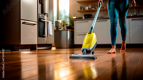 woman cleaning the floor with a spray mop against the background of the kitchen photo