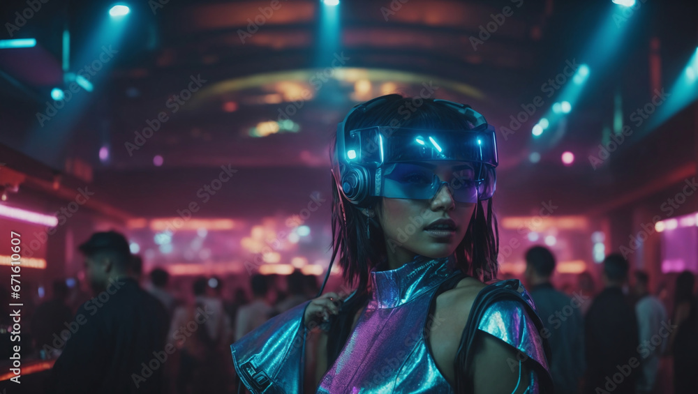 A cyberpunk nightclub with sinister holographic performers.