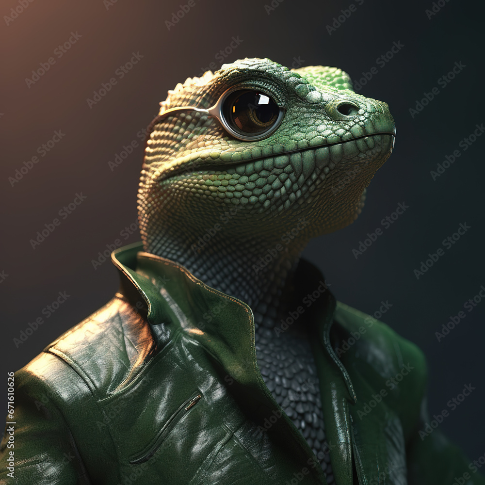 Image of stylish cool lizard wearing sunglasses as fashion and wore a leather jacket. Modern fashion, Animals, Illustration, Generative AI. Image of stylish cool lizard wearing sunglasses as fashion and wore a leather jacket. Modern fashion, Animals, Illustration, Generative AI.