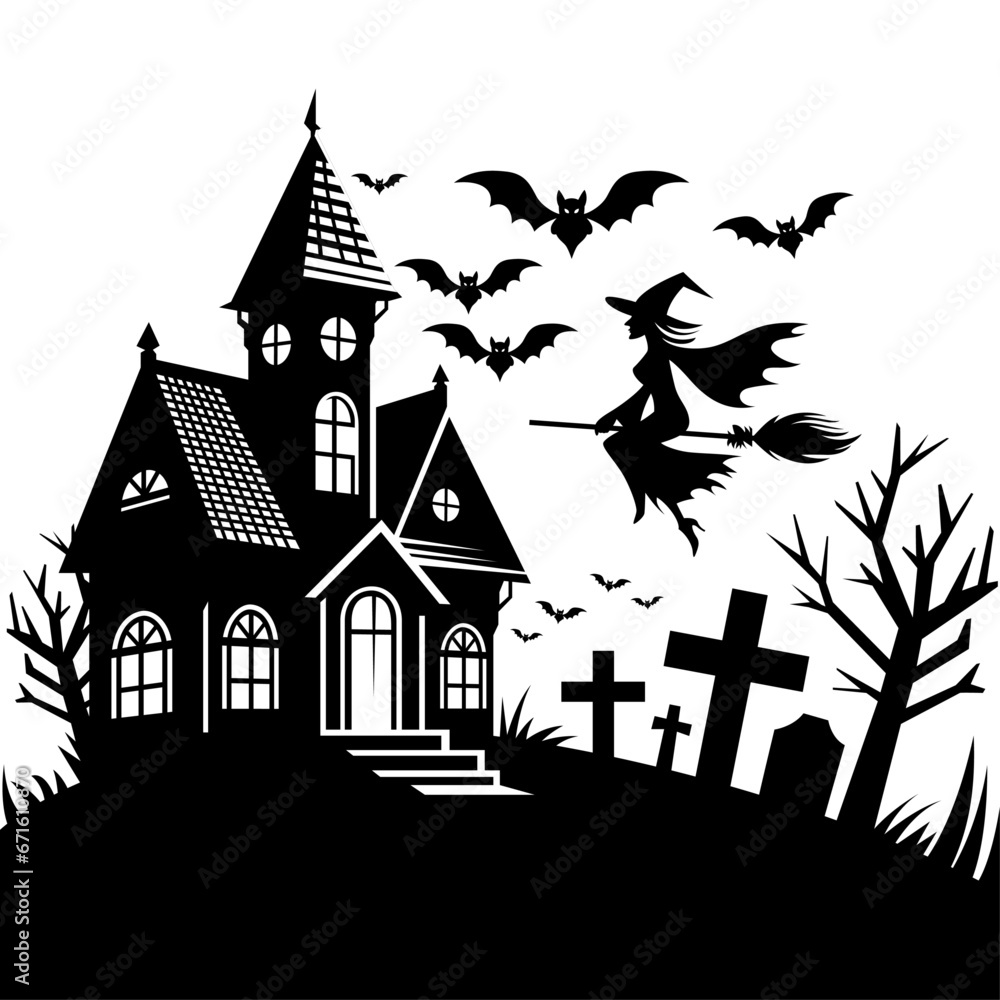 Old haunted house with bats flying around, a graveyard in the front, and a silhouette of a witch on a broom, stock vector image, Halloween themed vector illustration.