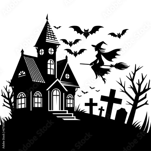 Old haunted house with bats flying around, a graveyard in the front, and a silhouette of a witch on a broom, stock vector image, Halloween themed vector illustration.
