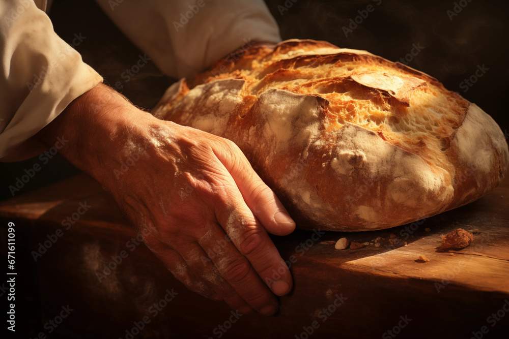 Close-up of Baker's Hands Holding Freshly Baked Artisan Bread