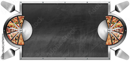 Template for a Pizza Menu. Empty blackboard with metallic frame, slices of pizza and four spatulas, isolated on white or transparent background with copy space. Png.