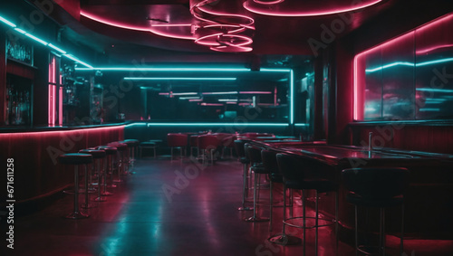 A dark and futuristic underground club with neon lights.
