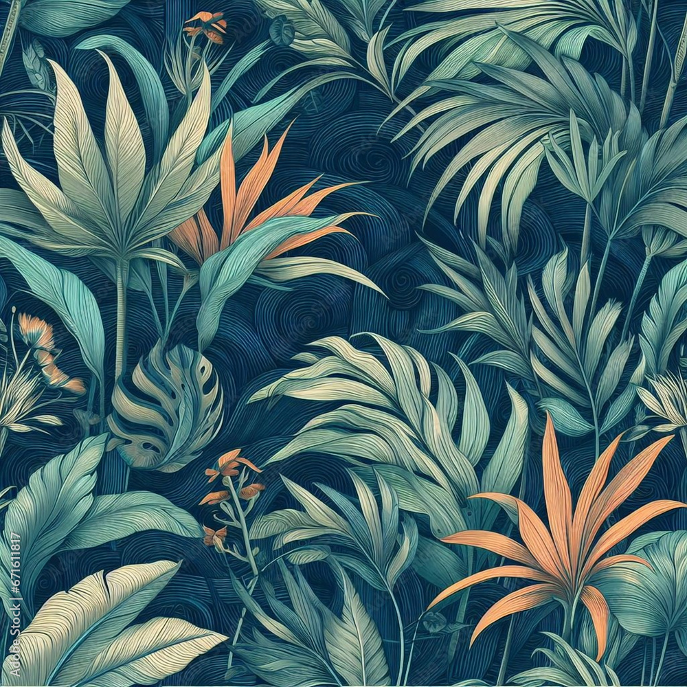 A Repeating Pattern And Tropical Plants With A Dark Blue Swirling Background | Generative AI A Repeating Pattern And Tropical Plants With A Dark Blue Swirling Background | Generative AI