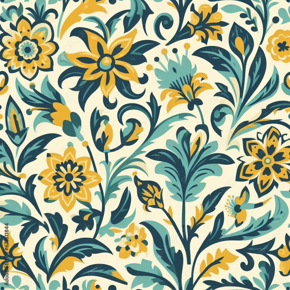 Unique Yellow, Green, Blue Flower Floral Pattern Design For Textile, Fabric, Or Wallpaper | Generative AI