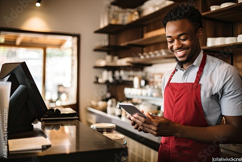 A smiley African-American male barista with a tablet PC works behind the counter of his establishment. Automation and computerization of the process of product accounting in retail trade.