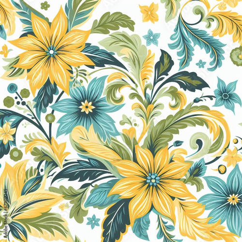 Unique Yellow, Green, Blue Flower Floral Pattern Design For Textile, Fabric, Or Wallpaper