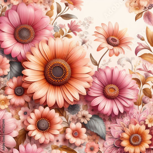 Pink African Daisy With Sun Flower Floral Pattern Design Background   Generative AI