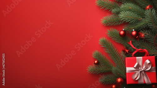 Christmas utensils, gift from right on red background top view copy space