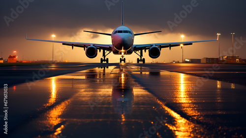 . Airplane on airport runway. Airplane on the platform of Airport. Landing aircraft closeup.World travel concept.