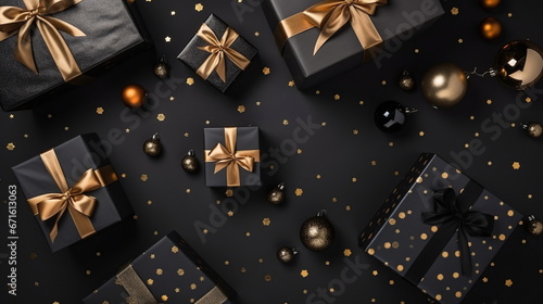 black christmas gifts with gold ribbon and dark background Top view