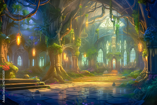 Magical elven interior of a castle, beautiful world