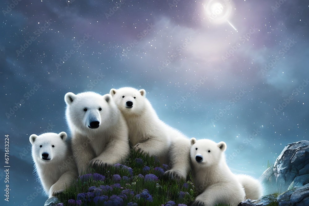 A family of four polar bears on a rock on a moonlit night, Generative Ai
A family of four polar bears on a rock on a moonlit night, Generative Ai