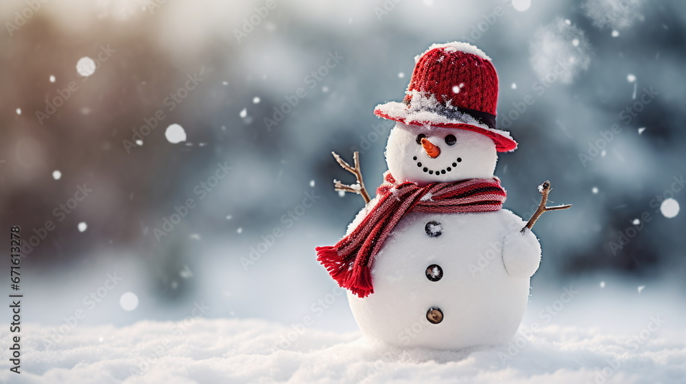 Snowman in a hat on a background of snow copy space