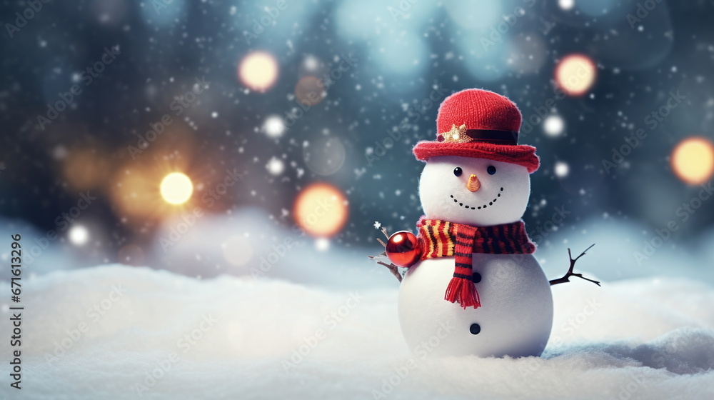 Snowman in a red hat and a Christmas ball in his hand copy space