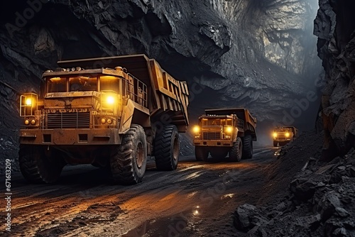 Industrial coal mine or quarry. Huge quarry trucks carry the rock for beneficiation and processing. Large mining trucks work the night shift.