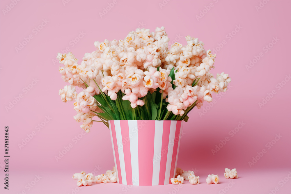 Creative bucket of popcorn as flowers. Movie theme. Food instalation concept.